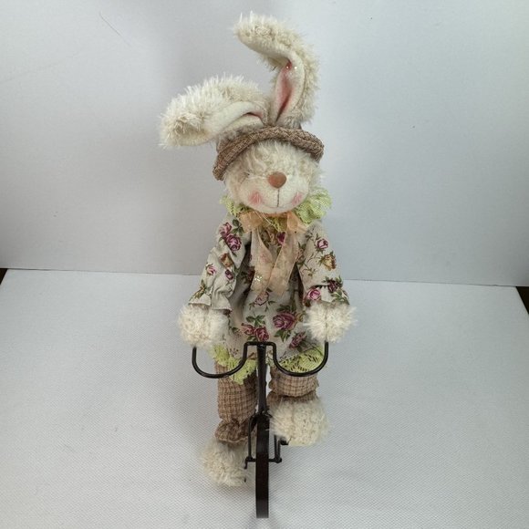 Floral Bunny Plush Doll On Metal Tricycle With Wicker Basket Floral Accents 19" - Picture 8 of 13